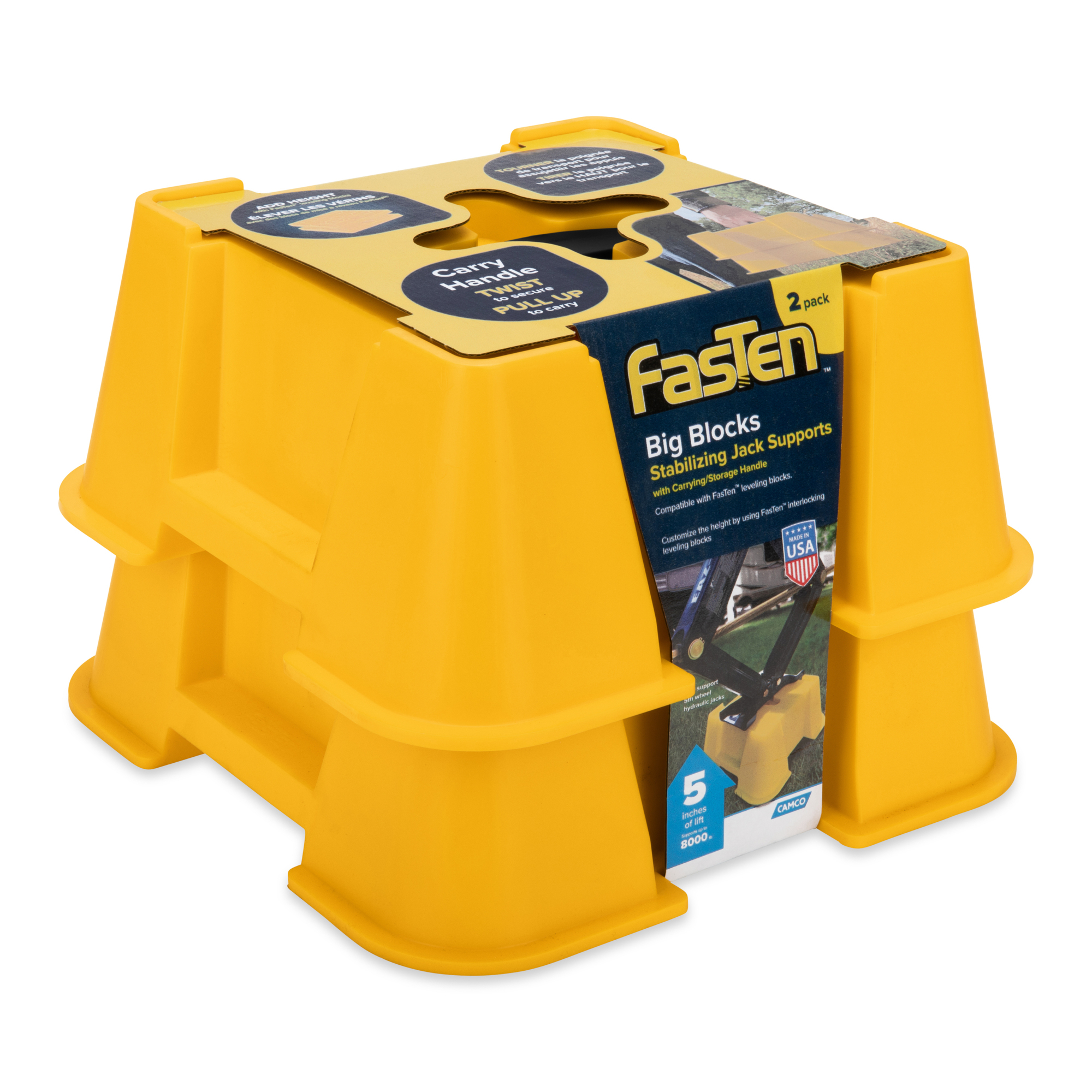 Camco FasTen Big Blocks RV Stabilizing Jack Supports with T-Handle — Nesting Design for RV Storage — Compatible with Square RV Leveling Blocks and RV Jacks — Supports Up to 8,000 lb — 2-Pack